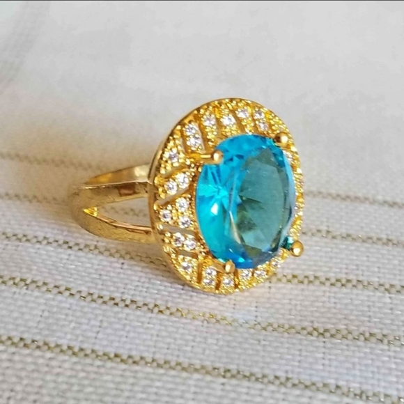 New 18K Gold Plated Oval Cut Aquamarine Diamond Ring for Women